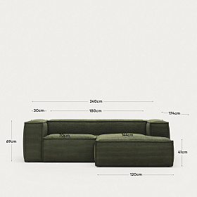 2-местный диван Blok с правым шезлонгом в зеленом толстом вельвете 240 см