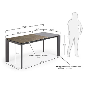 Стол Atta 120 (180) x80 антрацит керамика Vulcano Ash