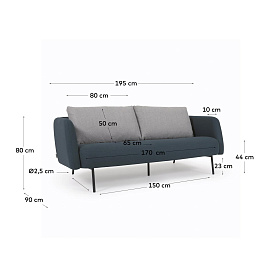 Трехместный темно-синий диван Walkyria серые подушки и металлические черные ножки