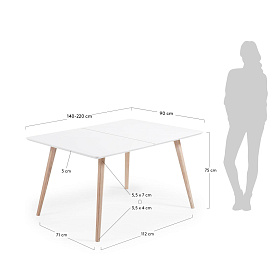 Обеденный стол QUATRE 140 (220) x90 с матовой белой столешницей