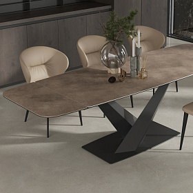 Раздвижной обеденный стол коричневое стекло с керамикой, черный металл